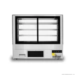 Bonvue SF850V cake display fridge front view with glass door, central bar, four wire shelves, and digital control panel.