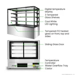 Bonvue SF850V cake display feature diagram showing open and closed views with green lines labeling shelves, LED lighting, and controls.