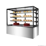Bonvue SF850V cake display in use, angled view showing stainless steel base, black frame, and four shelves holding assorted pastries.