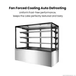 Bonvue SF850V cake display in a three-quarter view, featuring a stainless-steel base, black-framed glass, and four wire shelves.