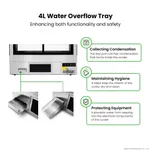 Bonvue SF860V cake fridge infographic detailing the 4L water overflow tray with stainless steel unit and green callout lines