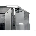 Close-up of the Tecnodom TMDR-0920B deli display corner, showing the brushed stainless-steel frame and black metal hinge connecting to the glass panel.