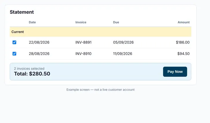 Example Statement with invoices ticked and Pay Now