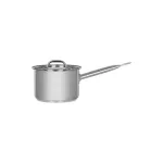 Chef Inox Elite 18/10 stainless steel saucepan side profile with domed lid, long handle, and pouring spout.