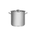 Elite Stockpot with Lid in three-quarter view, featuring polished stainless steel construction, loop handles, and an arched lid handle.