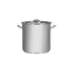 Elite Stockpot with Lid, front view, featuring a brushed stainless steel body, fitted lid with arched handle, and two looped side handles.