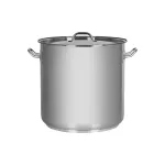 Elite Stockpot with Lid, front view, polished stainless steel with rolled rim, curved wire handles, and matching lid with central loop handle.