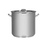 Elite Stockpot with Lid, front view, showing polished stainless steel body, rolled rim, and two curved wire handles