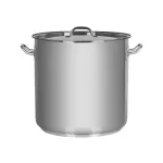 Elite Stockpot with Lid, front view, featuring a brushed stainless steel body, two curved wire handles, and a fitted lid with a central loop.