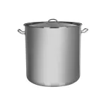 Elite Stockpot with Lid, front view, polished stainless steel with two looped wire handles and a small arched lid handle