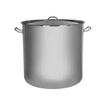Elite Stockpot with Lid, front view, polished stainless steel cylindrical body with two looped wire handles and a flat lid