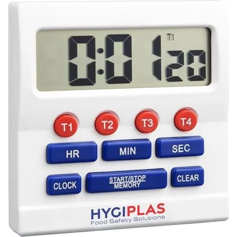 Close-up of the Hygiplas Big Digit Timer showing its white casing, grey LCD screen, and red and blue control buttons.