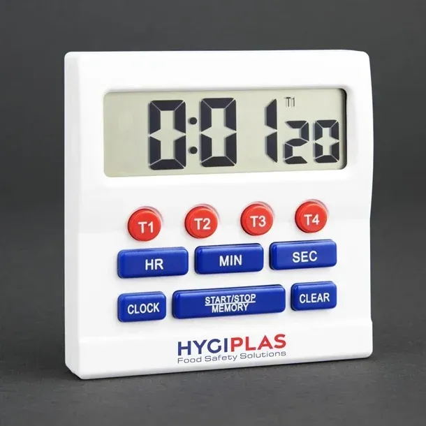Close-up of the white Hygiplas Big Digit Timer showing the LCD screen and red and blue control buttons.