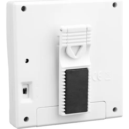Hygiplas Big Digit Timer rear close-up showing white plastic housing, four screw holes, and open battery compartment with black cell