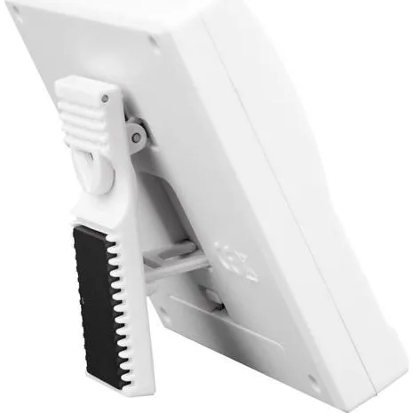 Close-up rear view of the Hygiplas Big Digit Timer showing the white housing and black ribbed vertical slider on the mounting bracket.