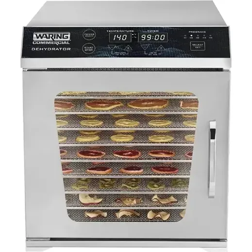 Waring Commercial Dehydrator front view with stainless steel body, glass door, and digital controls displaying temperature and timer settings.