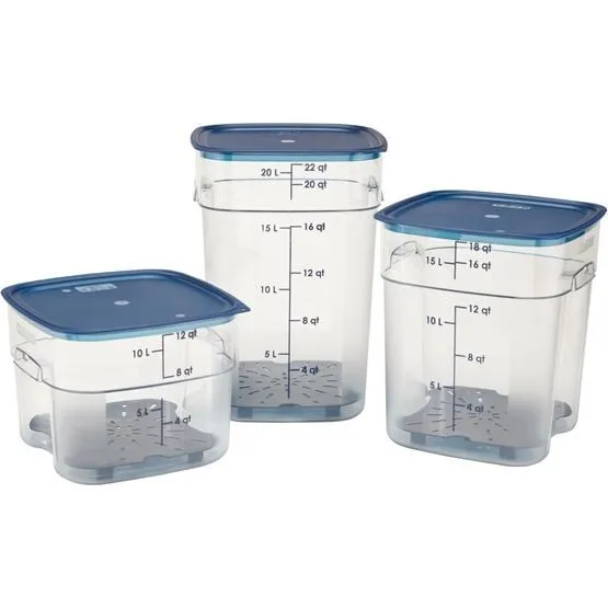 Cambro Fresh Pro square containers with blue lids, showing graduated volume markings and textured bases