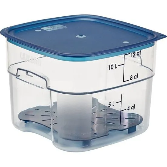 Cambro Fresh Pro square container with blue lid, wire handle, and volume markings, viewed from a three-quarter angle