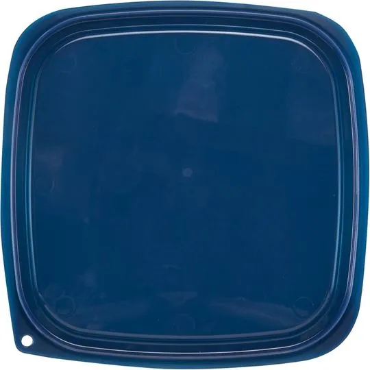 Cambro blue plastic lid for Fresh Pro square containers, top-down close-up showing rounded corners and raised rim