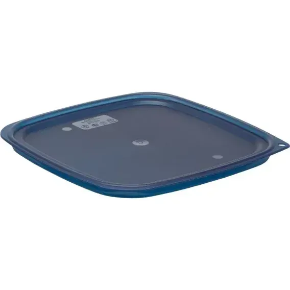 Cambro blue plastic lid for Fresh Pro square containers, underside view showing raised rim, corner hole, and central label
