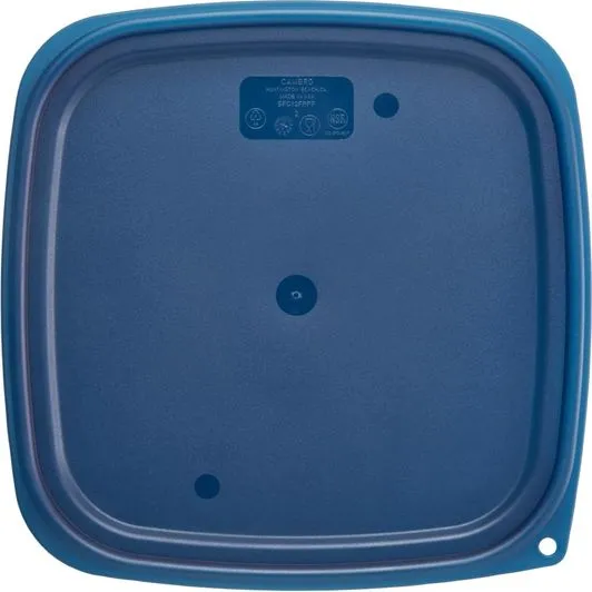 Cambro blue plastic lid underside close-up showing square form, raised rim, and embossed brand label