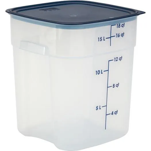 Close-up of Cambro Fresh Pro square container with blue lid, featuring translucent white plastic and a vertical measurement scale.