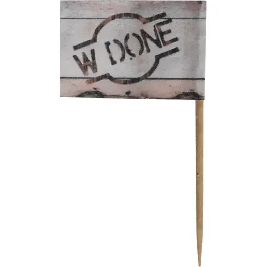 Close-up of a Bygreen Bamboo Steak Marker with a square white flag stamped with a black W DONE logo on a tapered wooden skewer.