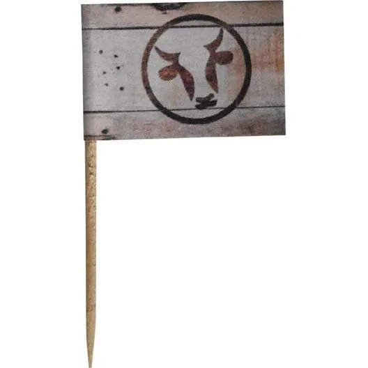 Close-up of a Bygreen Bamboo Steak Marker with a square flag featuring a brown bull's head logo and a slender, pointed bamboo skewer.
