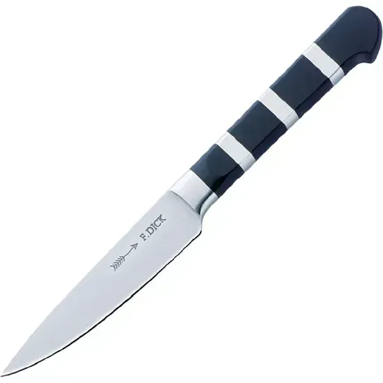 Dick 1905 paring knife close-up showing polished steel blade with engraved logo and black handle with three silver bands