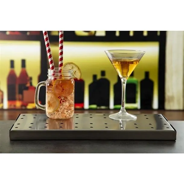 Olympia stainless steel drip tray in use holding a mason jar cocktail and martini glass