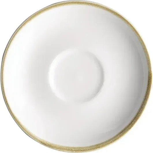 Olympia Kiln 340ml Cup Saucer Chalk 160mm top-down close-up showing white glaze and speckled gold rim