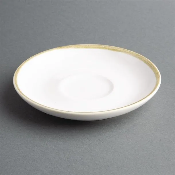 Olympia Kiln 340ml Cup Saucer Chalk 160mm, three-quarter view of white ceramic with gold rim