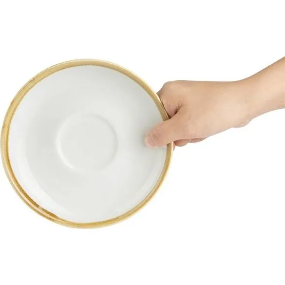 Olympia Kiln 340ml Cup Saucer Chalk 160mm close-up profile showing white ceramic and gold rim