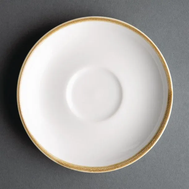 Olympia Kiln 340ml Cup Saucer Chalk 160mm top-down close-up showing glossy white ceramic surface and textured gold rim band