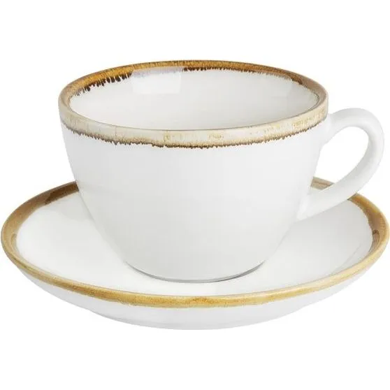 Olympia Kiln 340ml cup and saucer set in side view, featuring glossy white ceramic with a speckled brownish-gold rim.