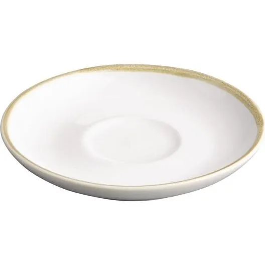 Olympia Kiln 340ml Cup Saucer Chalk 160mm, low angle view of glossy white ceramic with gold rim