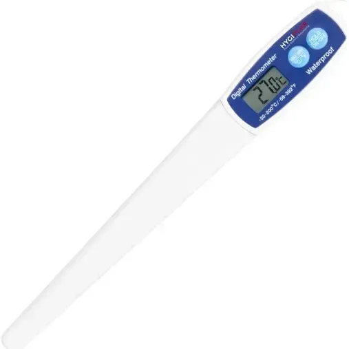 Close-up of the Hygiplas Digital Stem Thermometer showing its white plastic stem and blue head with a grey LCD screen reading 27.0°C.