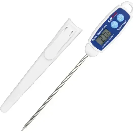 Hygiplas Digital Stem Thermometer top-down view with white housing, blue faceplate, and stainless steel probe next to its protective sheath.