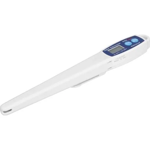 Close-up of the Hygiplas Digital Stem Thermometer showing its white body, blue control panel, and slender probe.