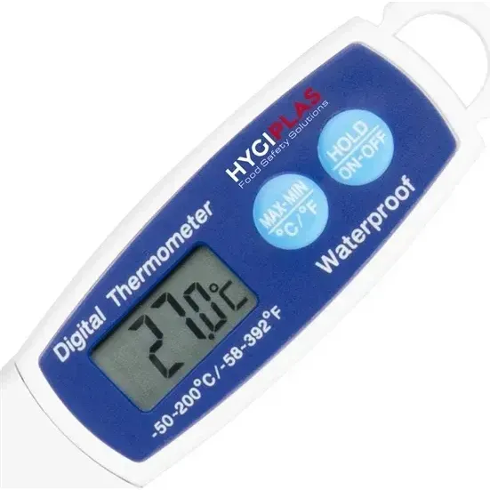 Close-up of the Hygiplas Digital Stem Thermometer showing its white body, blue panel, and LCD screen reading 27.0°C.