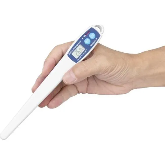 Hygiplas Digital Stem Thermometer in hand, showing white body, blue panel with HOLD button, and 26.8 reading on LCD screen.