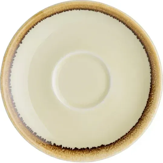 Olympia Kiln Sandstone Saucer top-down close-up showing glossy cream interior and speckled tan rim