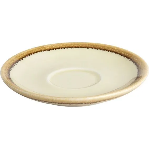 Olympia Kiln Sandstone Saucer viewed from a low angle, showing the cream interior and textured tan rim.