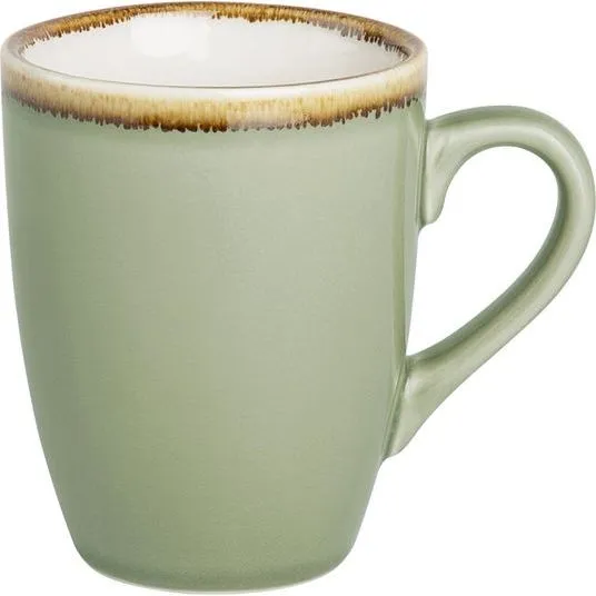 Olympia Kiln Moss Mug close-up side view showing matte sage-green ceramic body and brown speckled rim drip.