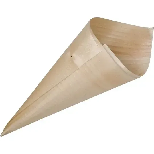 Close-up of a light beige Cone Bio Wood paper cone with a matte finish, visible side seam, and ribbed interior texture.