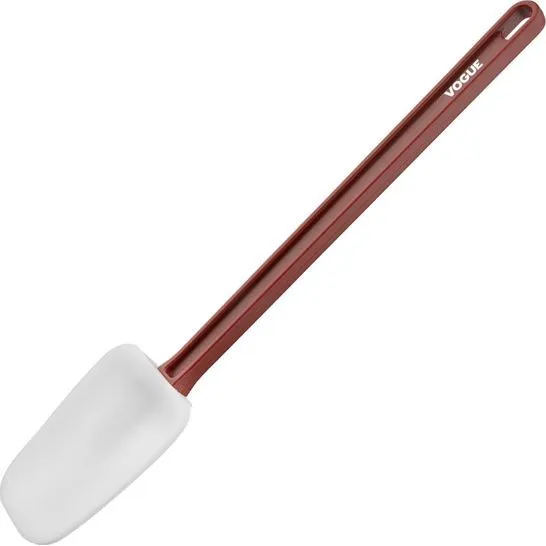 Close-up of the Edlp Vogue High Heat Spoonula showing the reddish-brown handle with white VOGUE text and the flat white silicone head.