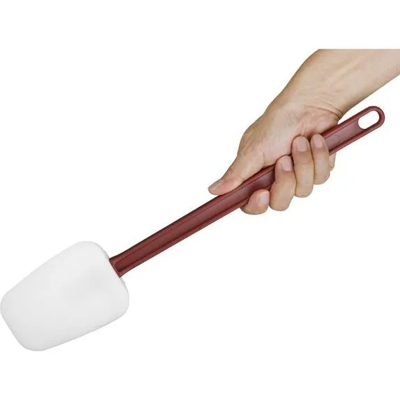 Edlp Vogue High Heat Spoonula in use, showing a hand gripping the maroon handle and white silicone head.