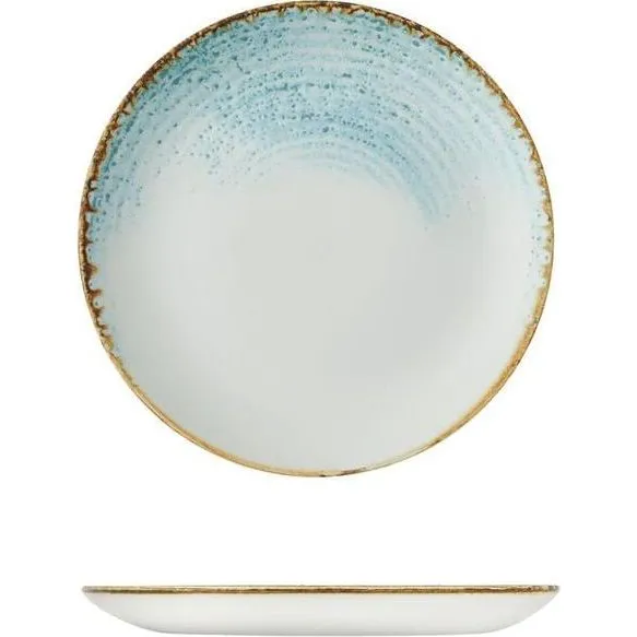 Churchill Round Plate-Coupe, 217mm, top-down and side views showing white interior, speckled blue glaze, and textured gold rim.