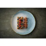 Churchill Round Plate-Coupe 217mm in use with a berry dessert, featuring a speckled light-blue crackle-glaze rim and gold edge.