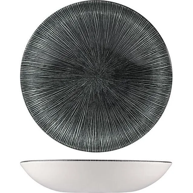 Churchill Round Coupe Bowl in top-down and side views, showing dark grey sunburst interior and glossy white exterior.
